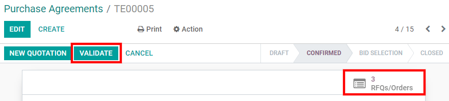 Validate a call for tenders and view all quotations in Odoo Purchase