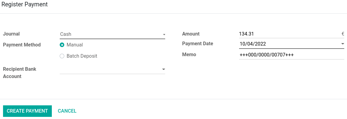 Select Cash journal upon payment registration.