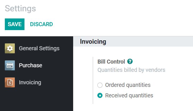 Vendor bills default control setting for new products in Odoo Purchase