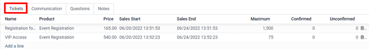 View of the ticket tab in Odoo Events.