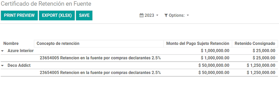 Certificado de Retención en Fuente report in Odoo Accounting.