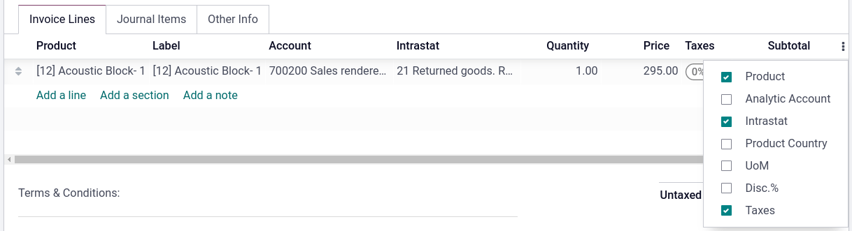 Adding the Intrastat column to an invoice or bill