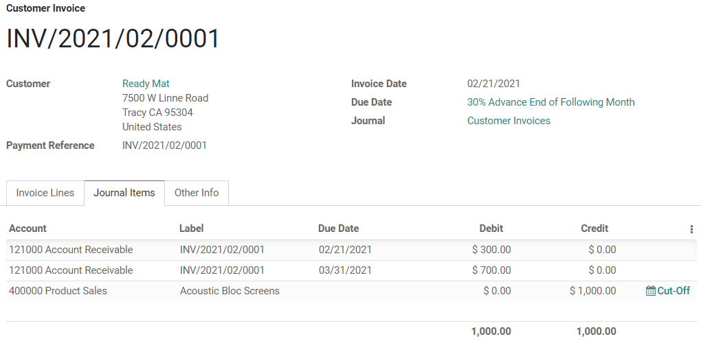 The amount debited on the Account Receivable is split into two Journal Items with distinct Due Dates