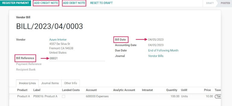 Vendor bill form for ordered quantities control policy.