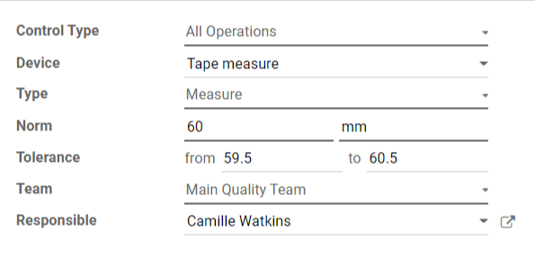 An example of a quality control point form configured for a measure quality check.