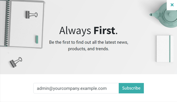 View of a sample newsletter pop-up sample on an Odoo Website.