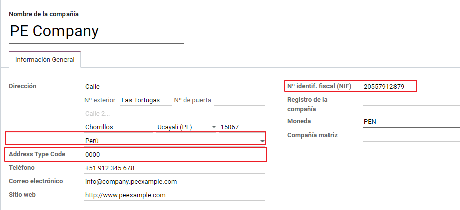 Company data for Peru including RUC and Address type code