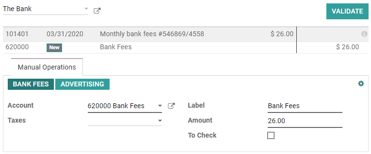 Example of a reconciliation model with a write-off button in Odoo Accounting.