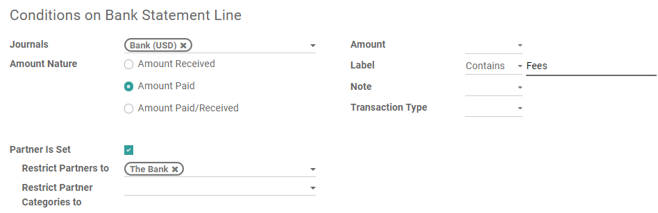 Conditions for the reconciliation model to be applied in Odoo Accounting.