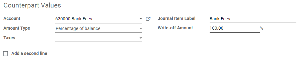 Counterparts values of a reconciliation model in Odoo Accounting.