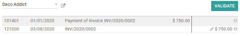 Example of a reconciliation model that matches existing invoices and bills automatically in Odoo Accounting.