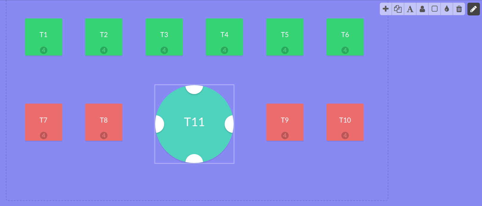 View of the floor management. Add tables, the number of sits, their name and their shape