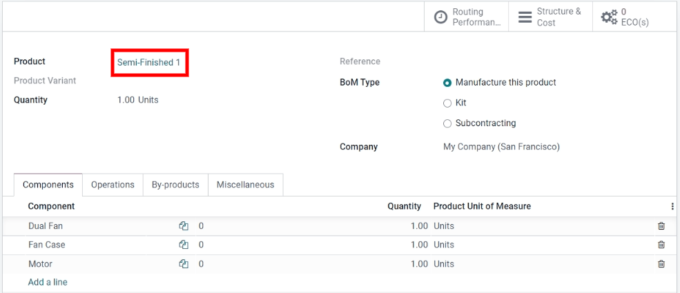 A bill of materials for a semi-finished product.