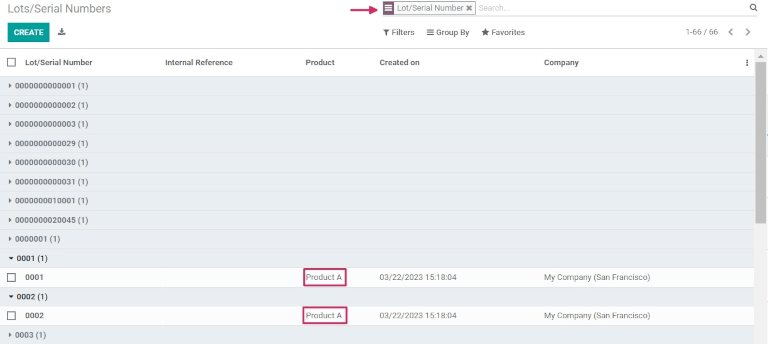 Serial numbers reporting page with drop-down lists.