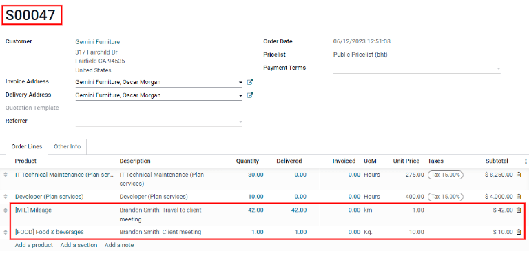 See the expenses listed on the sales order after clicking into it.