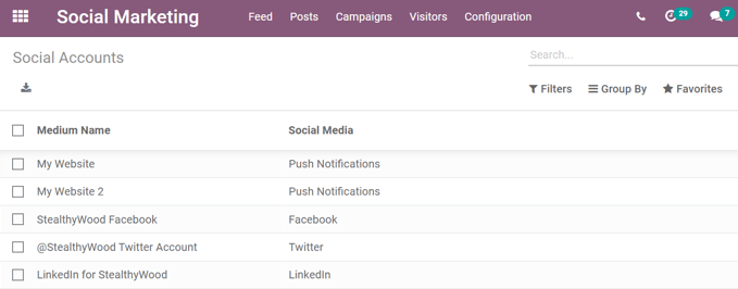 View of the social accounts page in the Odoo Social Marketing application.