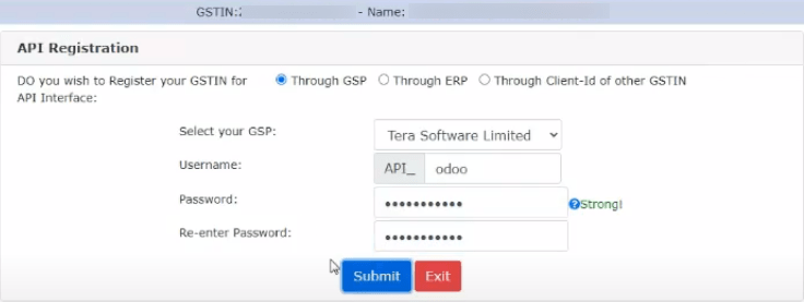 Submit API specific Username and Password