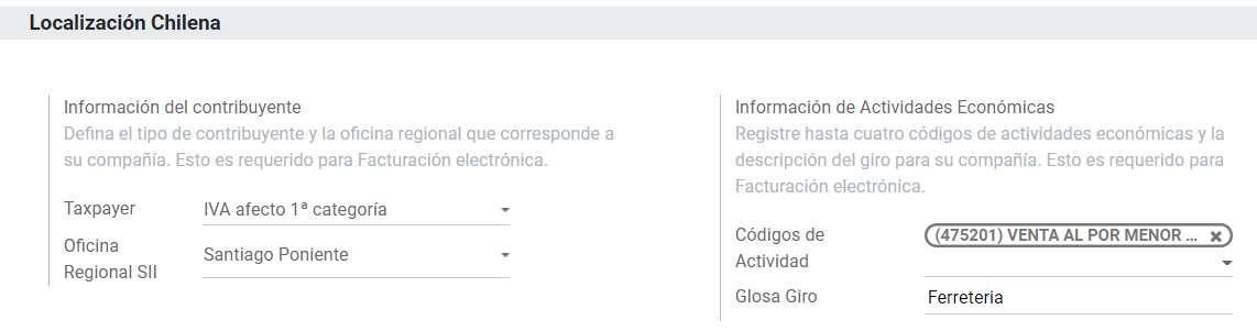 Datos fiscales de una empresa en Chile.