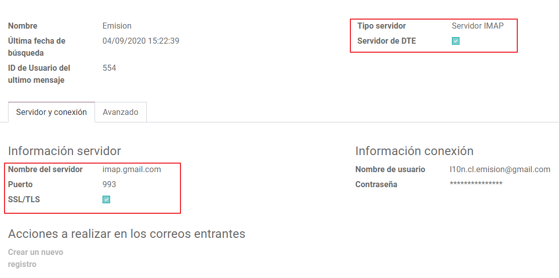 Configuración del servidor de correo electrónico entrante para los DTE en Chile.