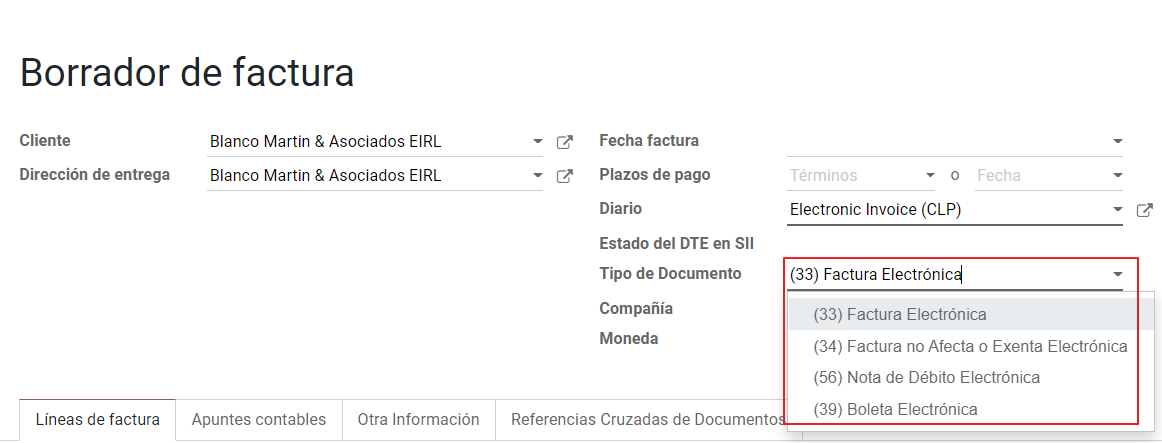 Selección del tipo de documento en una factura.