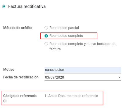 Reembolso completo de factura con un código de referencia SII 1.