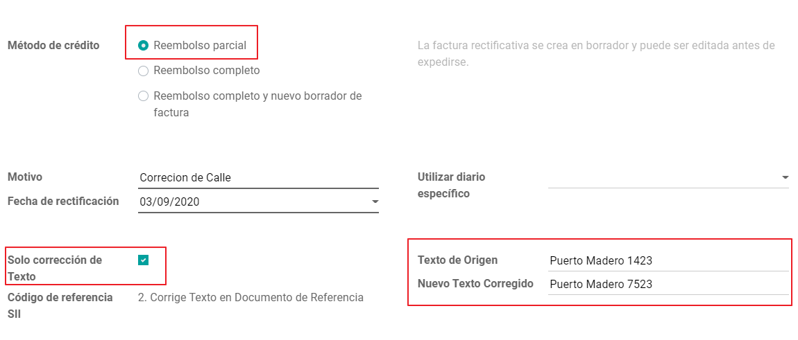 Reembolso parcial para corregir el texto que incluye el valor corregido.