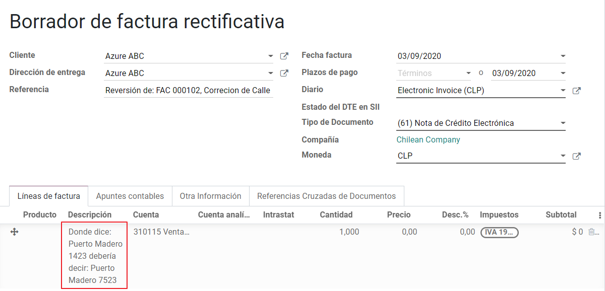 Nota de crédito con el valor corregido en las líneas de la factura.