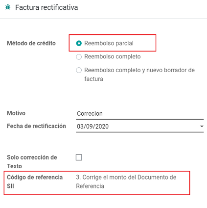 Nota de crédito para un reembolso parcial para corregir importes. Utiliza el código de referencia SII 3.