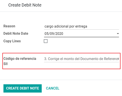 Nota de débito para un reembolso parcial para corregir importes. Utiliza el código de referencia SII 3.