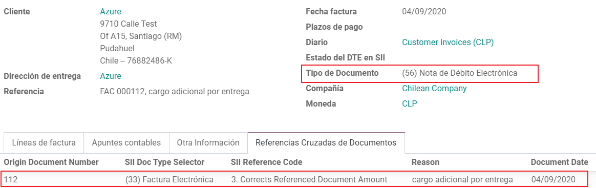 Datos de la factura en la sección referencias cruzadas para las notas de débito.