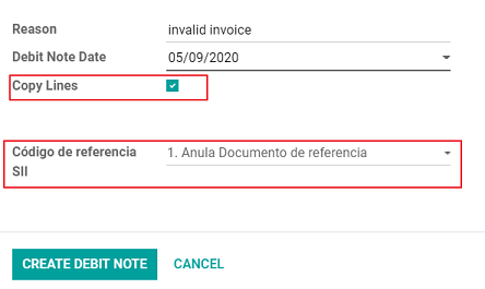 Crear una nota de débito para cancelar una nota de crédito con el código de referencia SII 1.