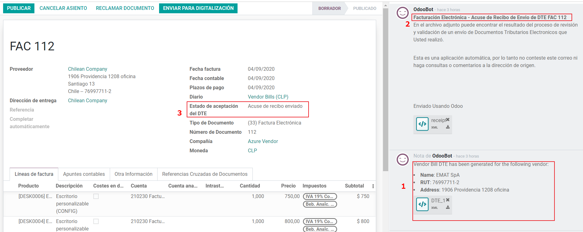 Mensajes registrados en el chatter con el acuse de recibo para el proveedor. 