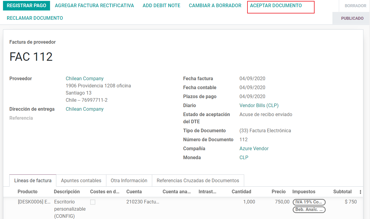 Botón para aceptar en las facturas de proveedor para informar al proveedor que el documento se aceptó comercialmente.