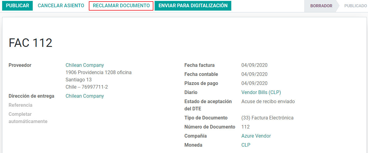 Botón para reclamar en las facturas de proveedor para informar al proveedor que el documento se rechazó comercialmente.