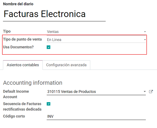 Configuración del tipo de documento en un diario.