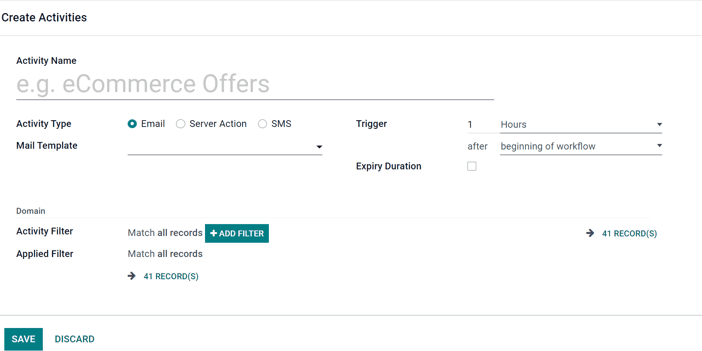 Una plantilla de actividad en la aplicación de Automatización de marketing de Odoo.