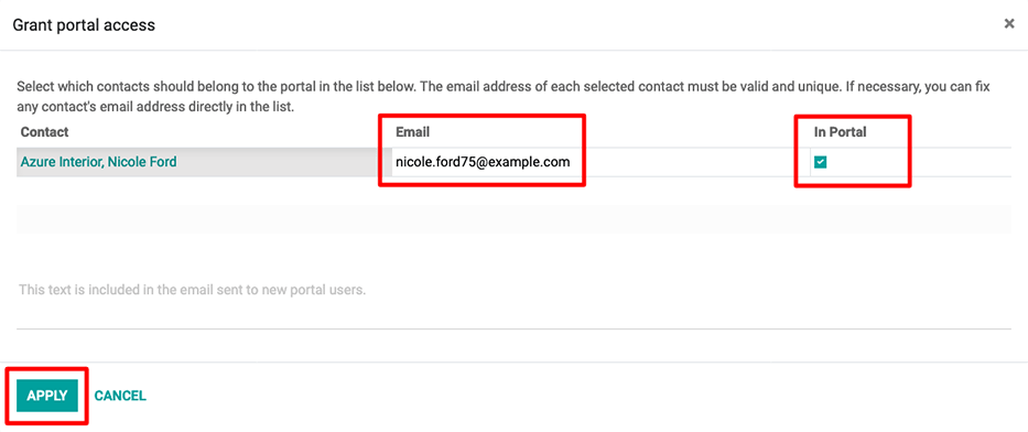 Se debe completar la dirección de correo electrónico del contacto y su casilla correspondiente antes de enviar una invitación al portal.