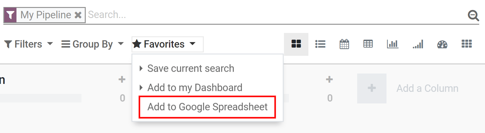 Por ejemplo, en Odoo, vaya a la aplicación CRM y haga clic en "Añadir a Hojas de Cálculo de Google".