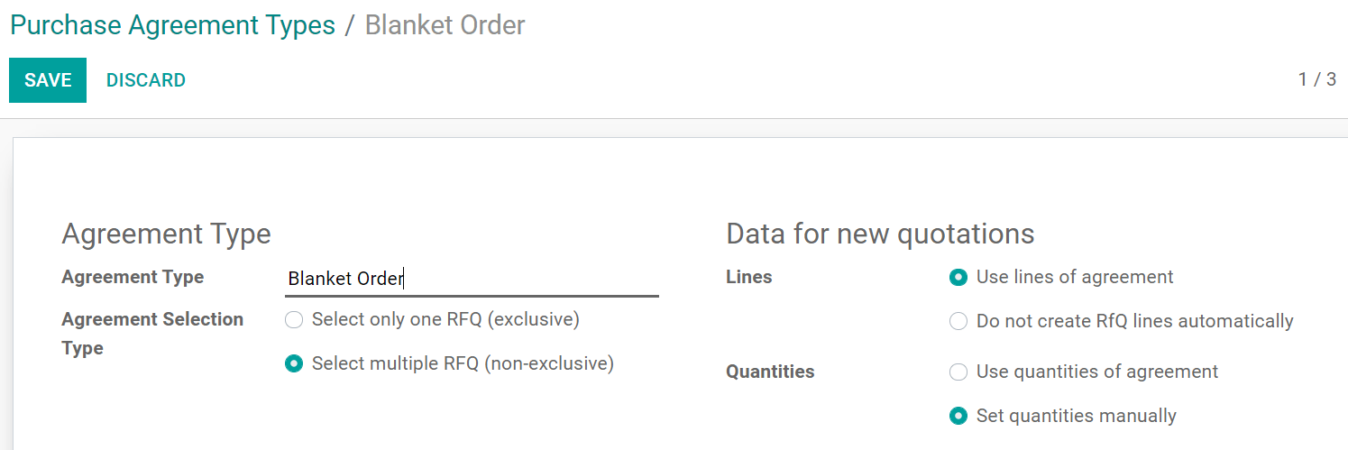 Configure tipos de contratos de compra en Compras de Odoo