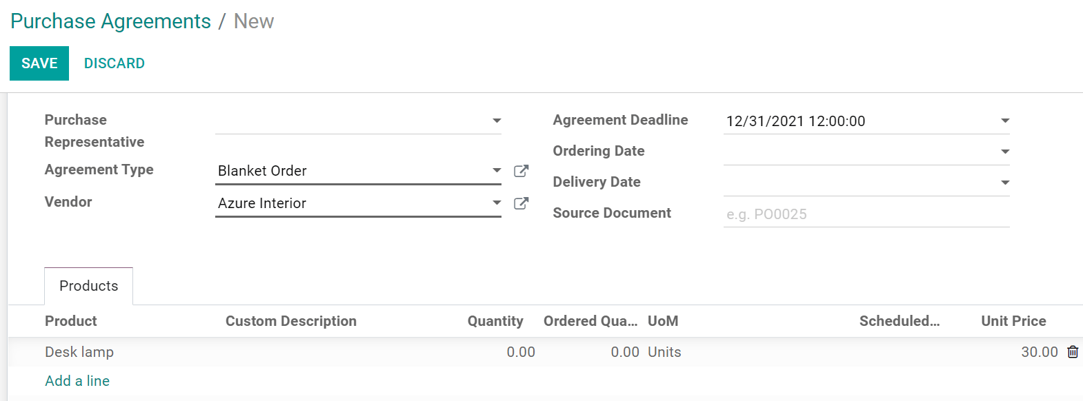 Configure una orden abierta en Compras de Odoo