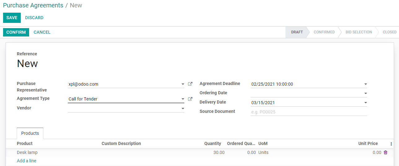 Configure una licitación en Compras de Odoo