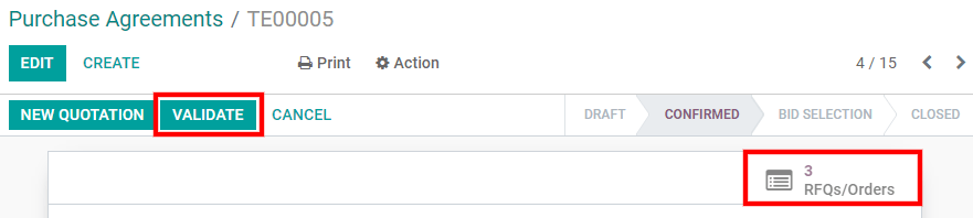 Valide una licitación y vea todas las cotizaciones en Compras de Odoo