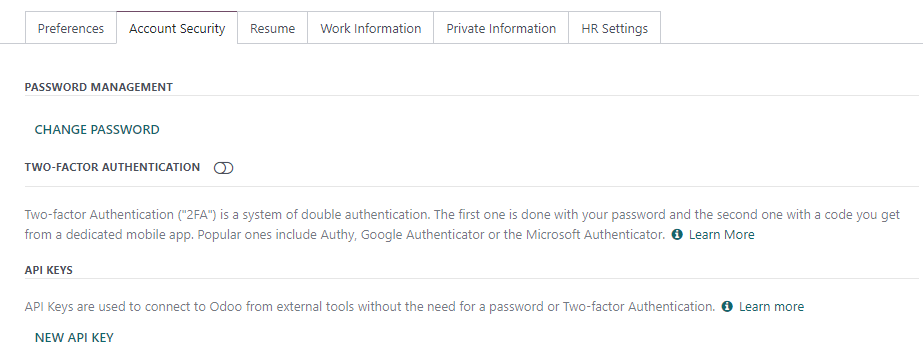 Creación de una clave API externa de Odoo para una base de datos