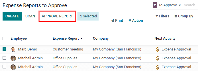 Apruebe varios reportes al hacer clic en las casillas de verificación situadas junto a cada reporte.