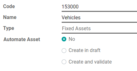 Configuración de una cuenta de activos en la aplicación de Contabilidad de Odoo