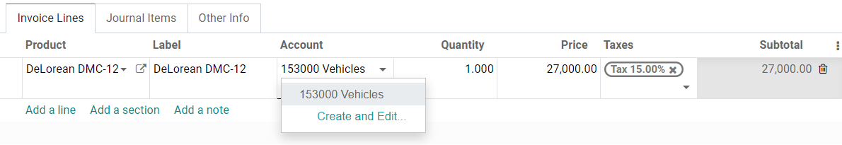 Selección de una cuenta de activos en una factura de proveedor en estado de borrador en la aplicación de Contabilidad de Odoo