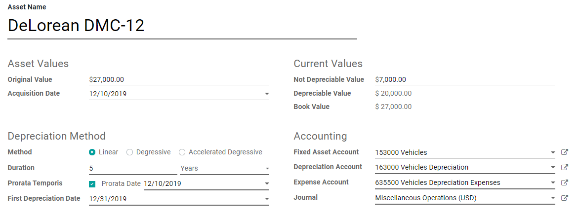 Asiento de activos en la aplicación de Contabilidad de Odoo