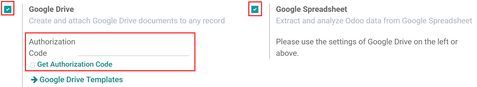 Active las funciones de Google Drive y Google Spreadsheets en Odoo