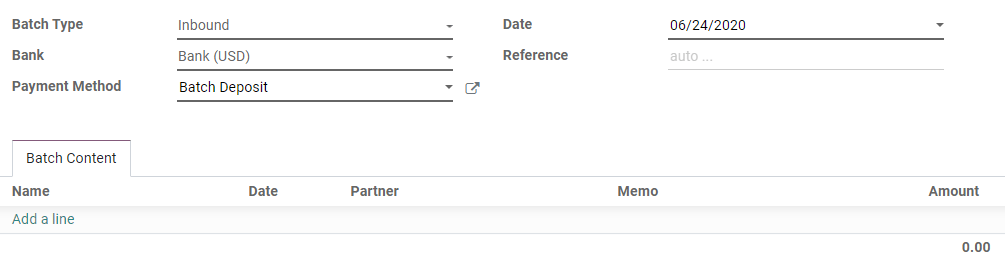 Llenar un nuevo pago por lote entrante en Contabilidad de Odoo