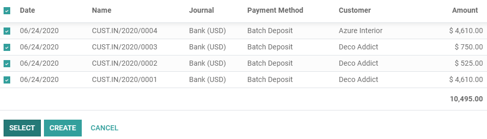 Seleccionar todos los pagos que incluir en el depósito de lote.